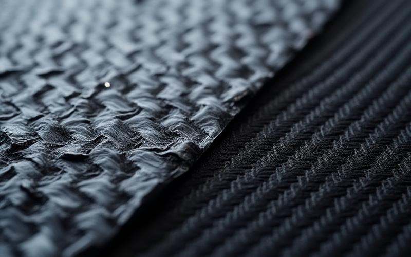 Close up comparison of chopped forged carbon versus traditional twill weave carbon fiber