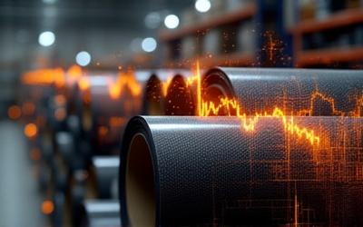 Conceptual visualization of supply chain logistics overlaid on carbon fiber sheets