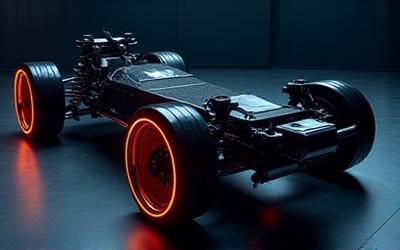 Electric vehicle chassis showcasing carbon fiber battery enclosure