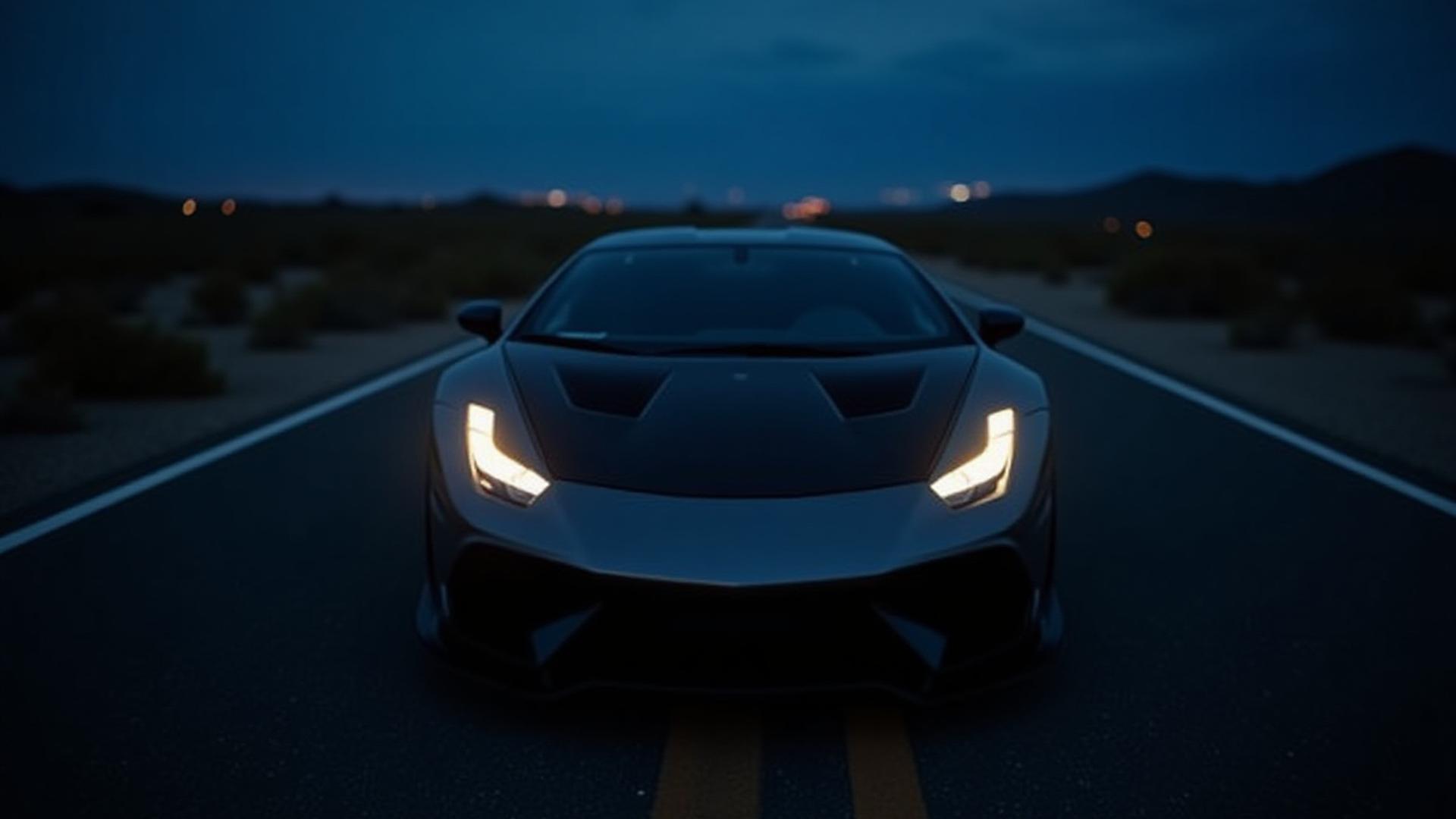 Cinematic wide shot of a customized sports car with exposed carbon fiber hood in a stylized Phoenix desert setting at twilight