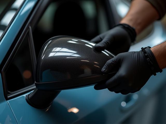 Hands installing a carbon fiber mirror cap on a Kia EV6