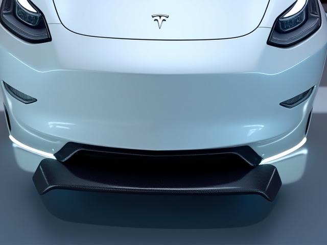 Close up of aerodynamic carbon fiber front lip on a Tesla Model 3