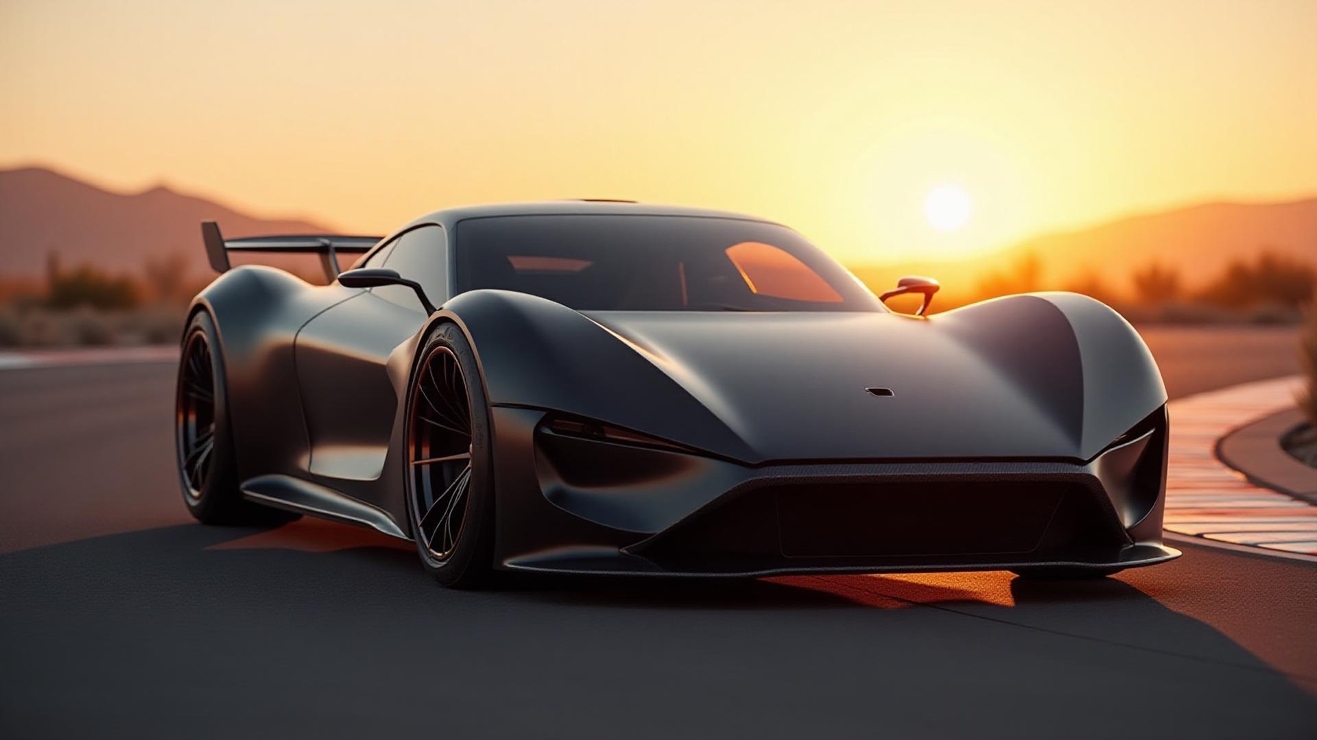 Sleek matte back electric sports car with aggressive carbon fiber splitter parked on an asphalt track at sunset