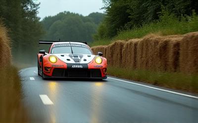 Classic racers and supercars climbing the hill at Goodwood Festival of Speed 2024