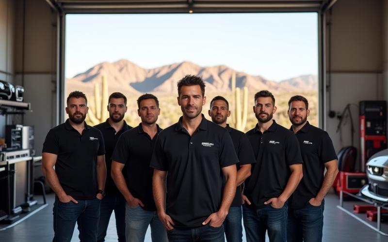 Carbon Cloner Mac team working in a high-tech garage with Phoenix landscape in background