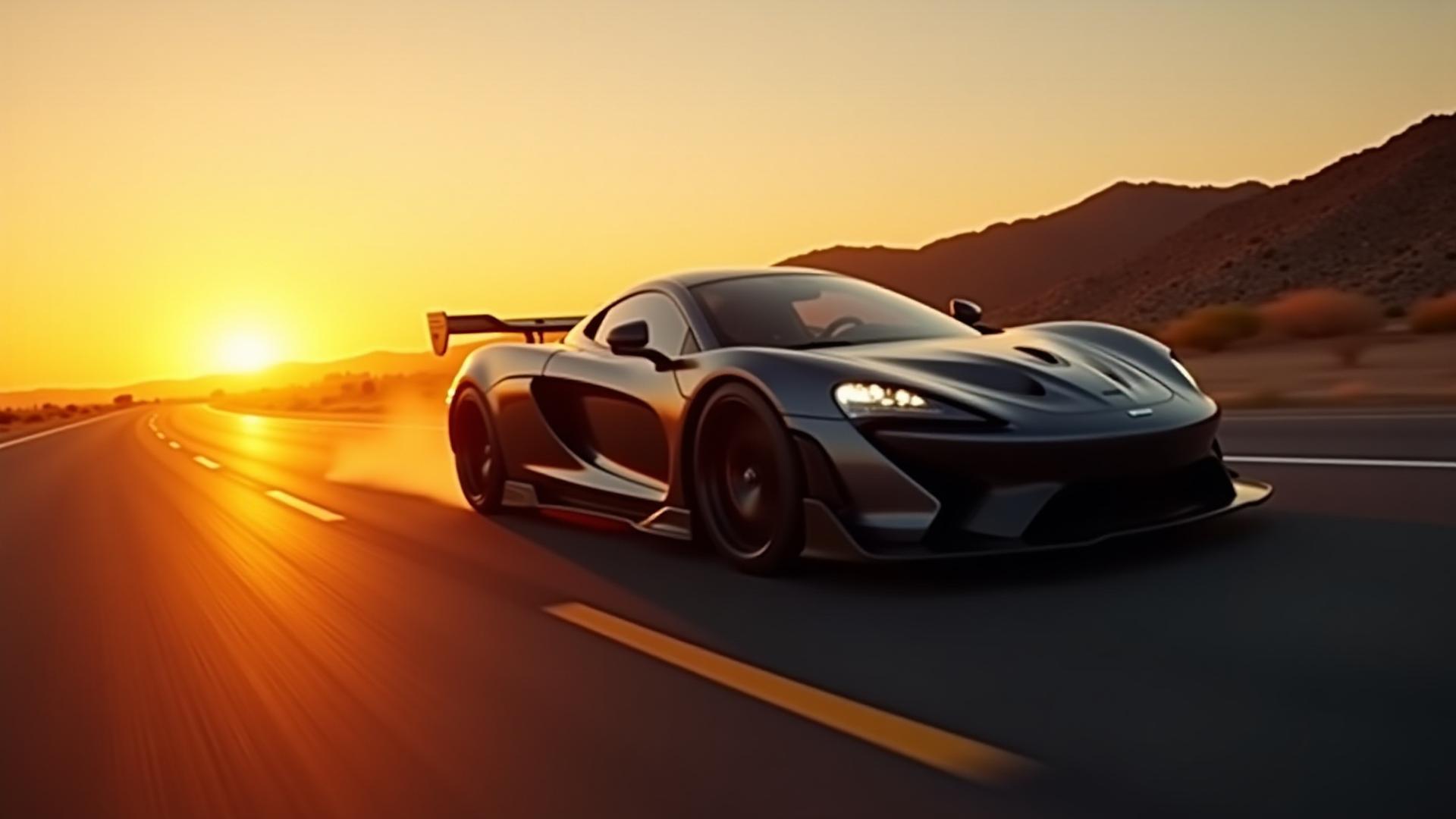 High performance sports car with carbon fiber details driving through Phoenix desert at sunset