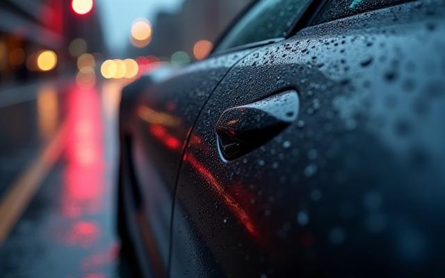 Carbon fiber wing mirror cap with rain droplets on a BMW M8