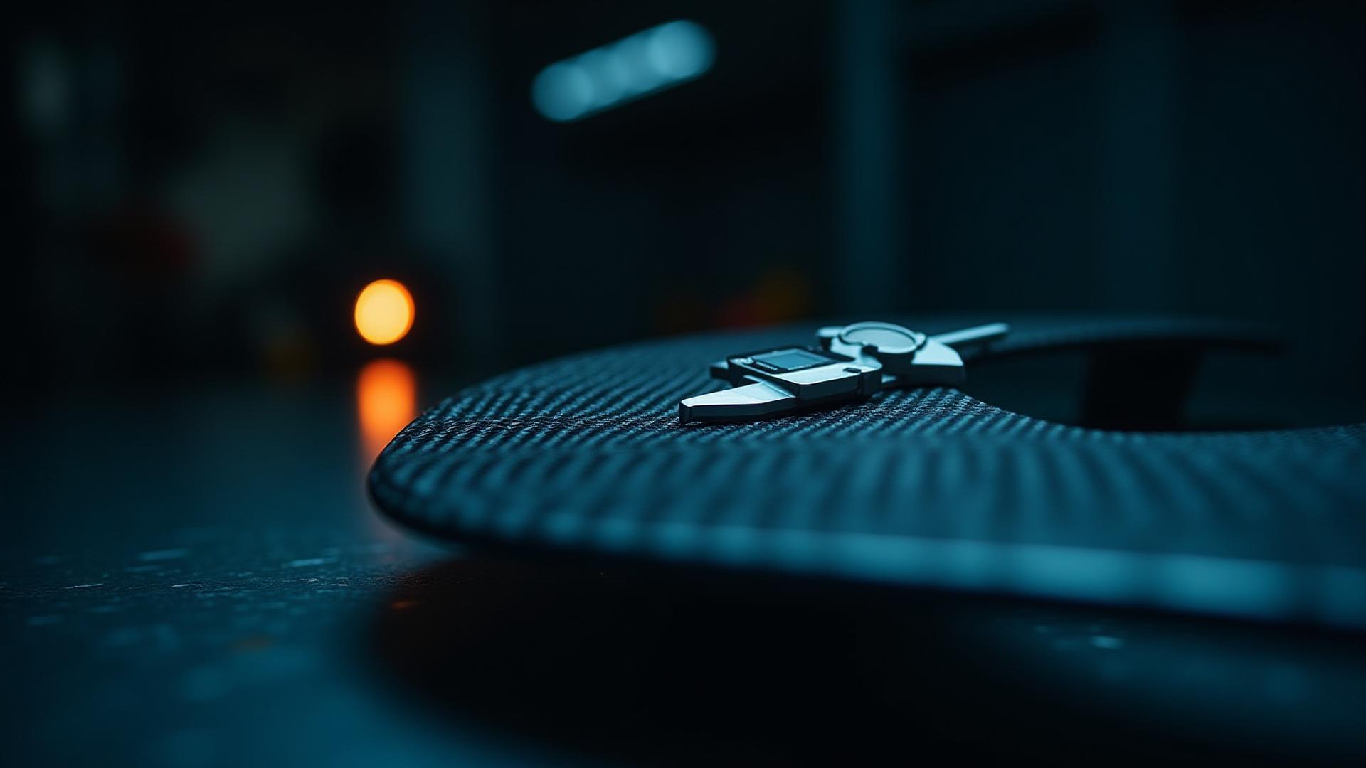 Close up of precision calipers measuring carbon fiber weave on a workbench