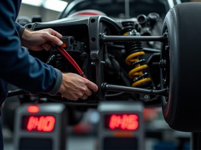 Mechanic adjusting suspension on car scales