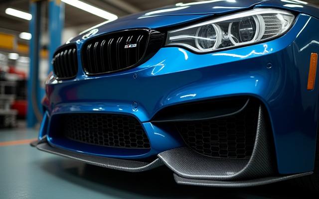 Technician installing a carbon fiber front splitter on a sports car