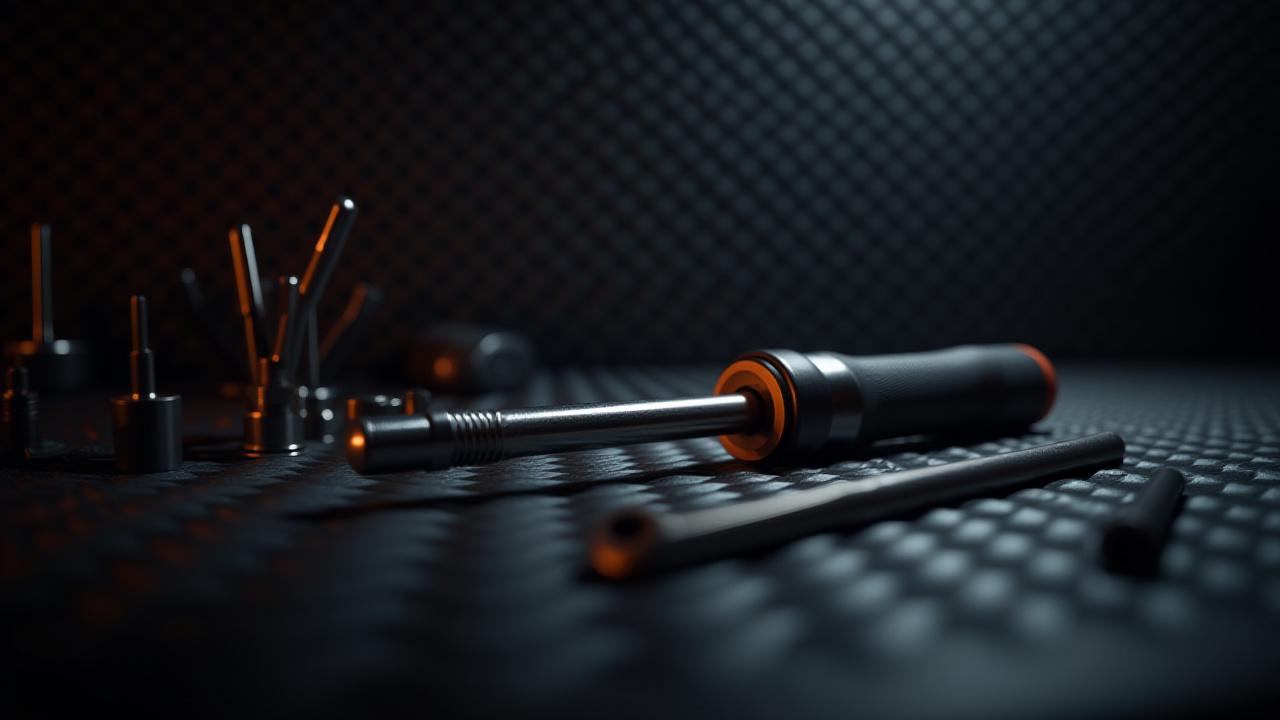 Precision tools laid out on a dark workbench next to carbon fiber mounting hardware